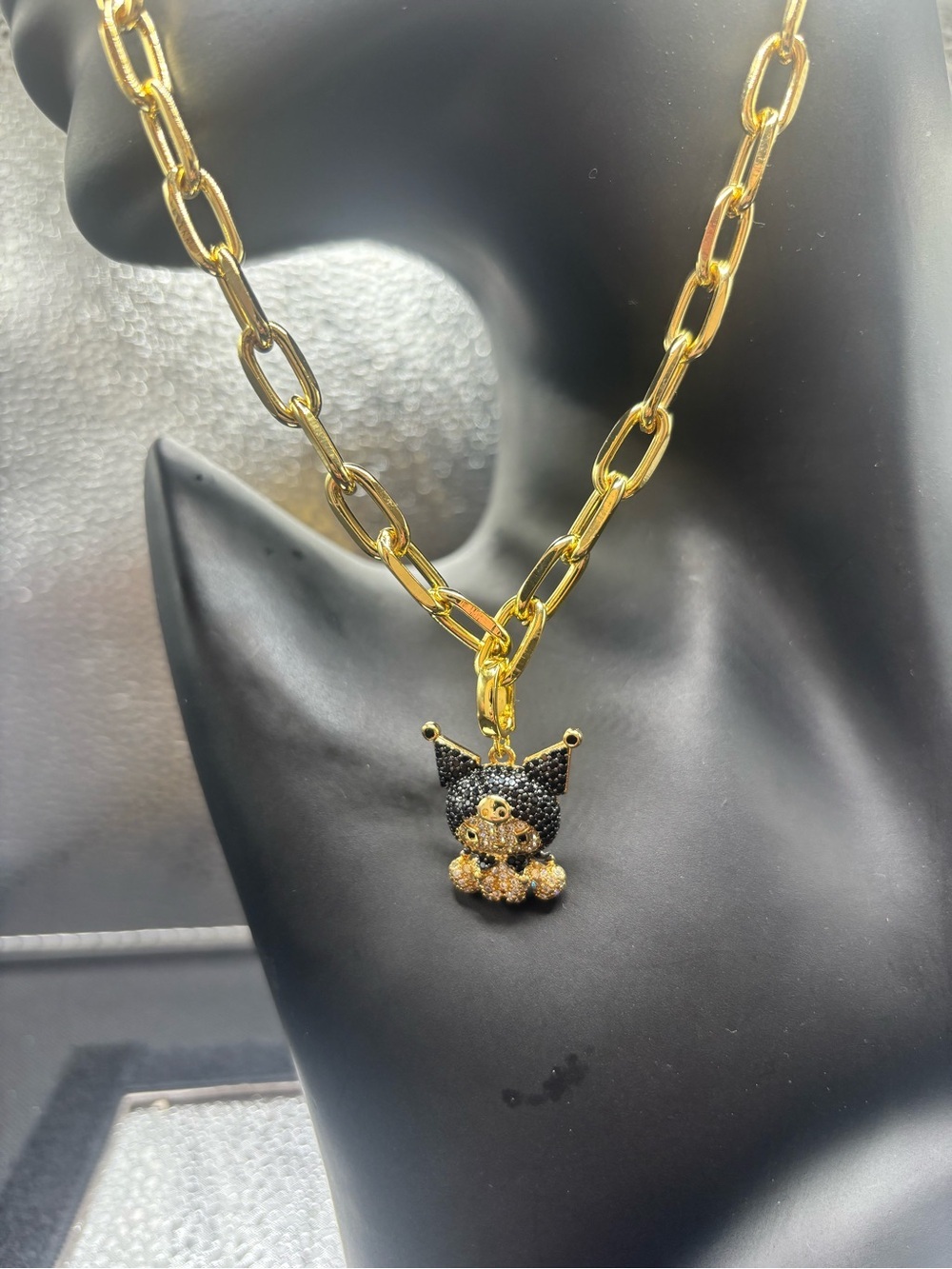 Gold-Tone Link Necklace with Black Cat Pavé Pendant - Picture 2 of 5